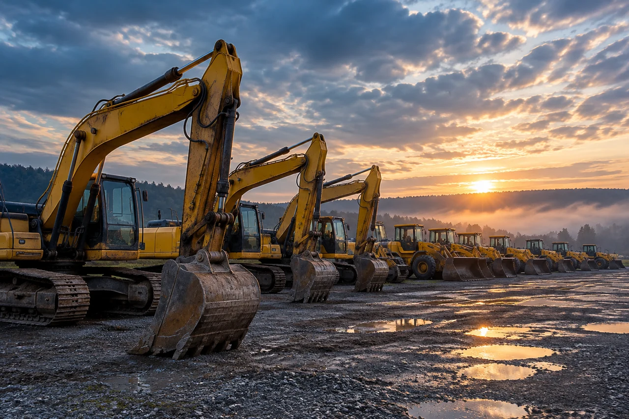 Rows of second-hand excavators and wheel loaders in the Magic House equipment yard